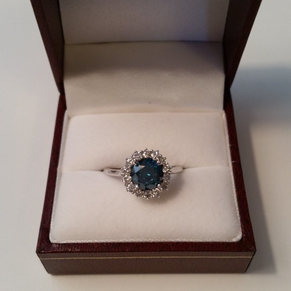 1.70 Ct Enhanced Blue Diamond Ring Halo Size 7 14K White Gold - Picture 2 of 8